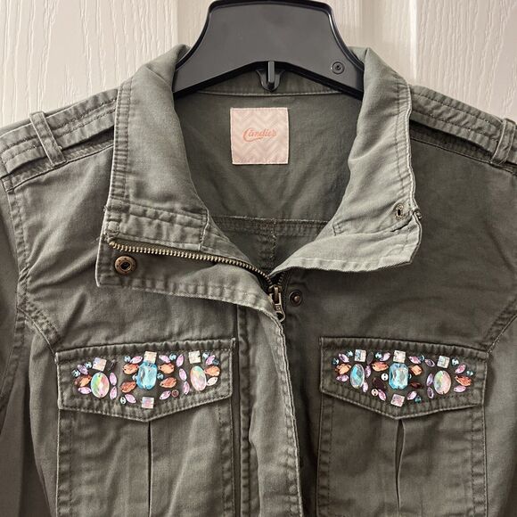 Candie's Jacket Women Olive Green Bejeweled Military Army Junior's XL Y2K Shiny - Picture 2 of 7